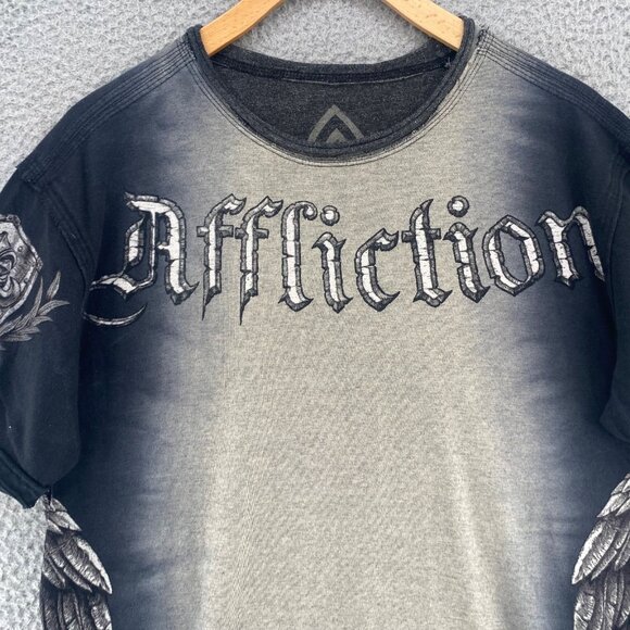 Affliction Shirt Mens M Black Gray Ombre Reversible Short Sleeve Pullover Tee - Picture 2 of 12